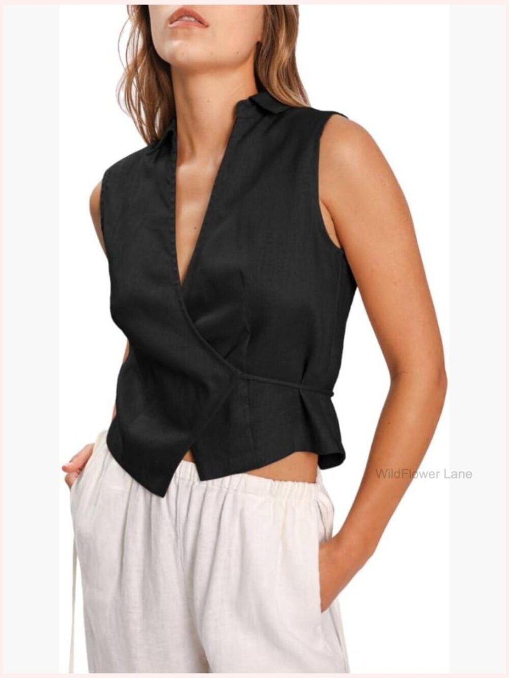 100% Linen Sleeveless Wrap Crop Top V Neck Self Tie